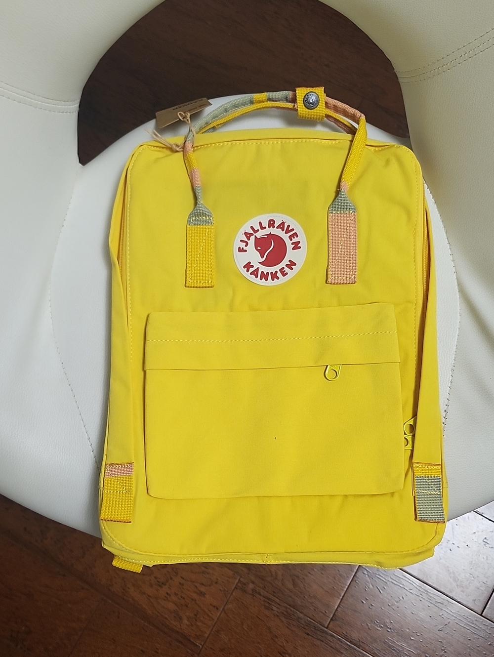 Fjallraven Kanken Yellow Backpack with Multicolor Straps